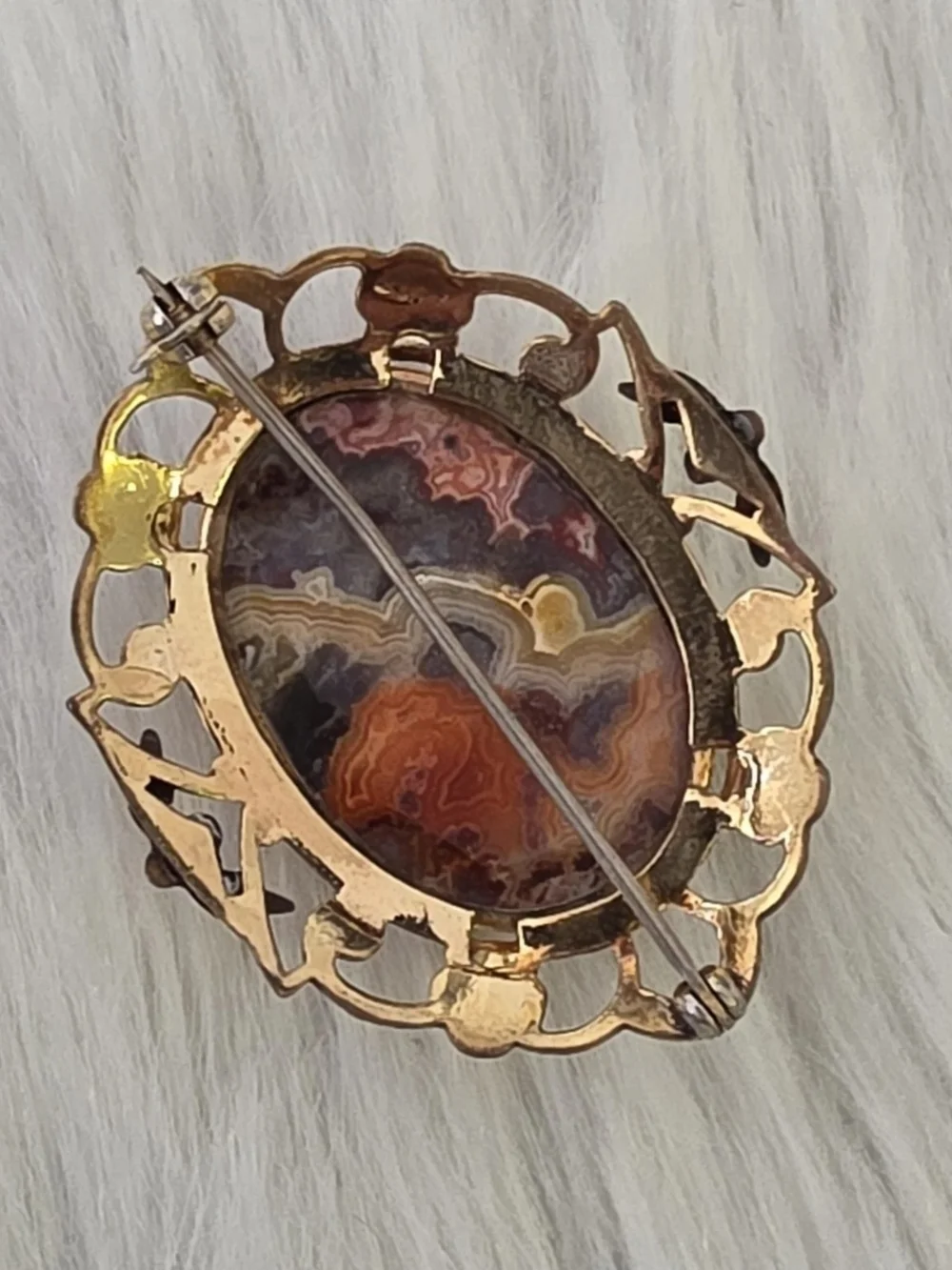 Vintage Signed White Co Gold Filled Crazy Lace Agate Oval Floral Brooch